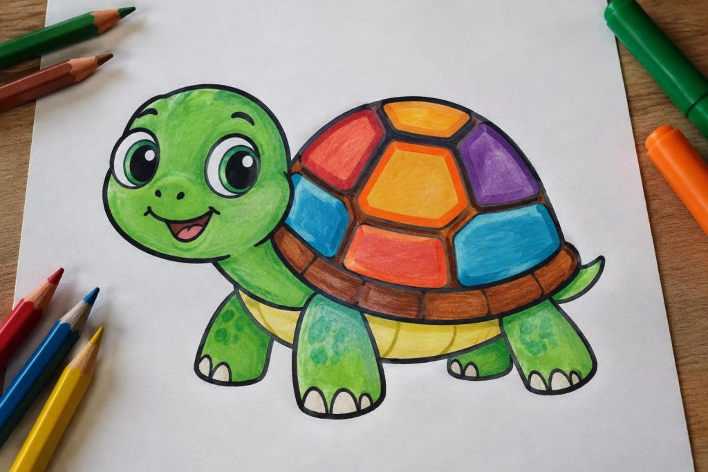 apprenez à dessiner une tortue facilement avec des couleurs vives et un style inspiré des dessins animés. une activité créative et amusante pour tous !